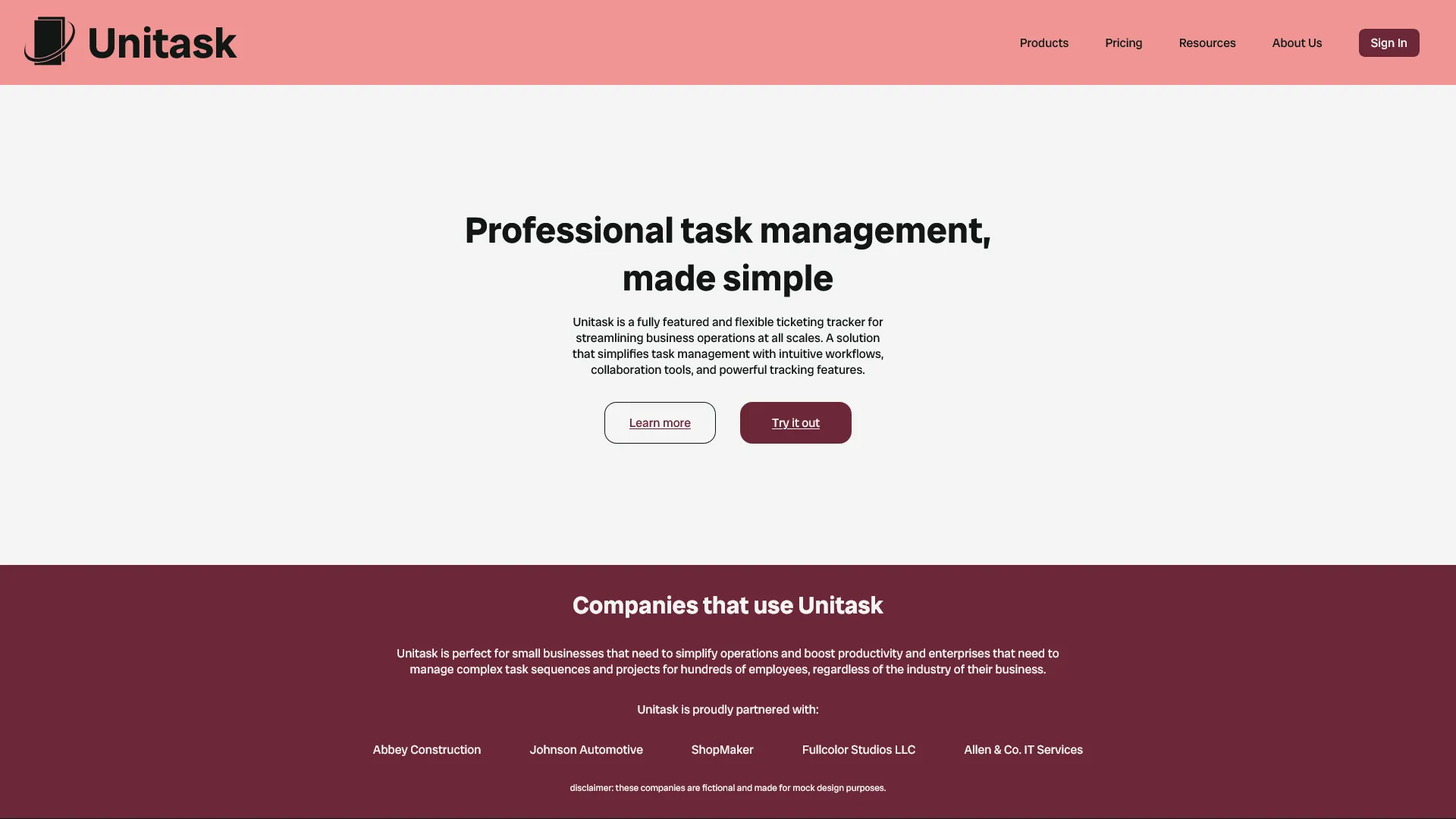 Unitask landing page.